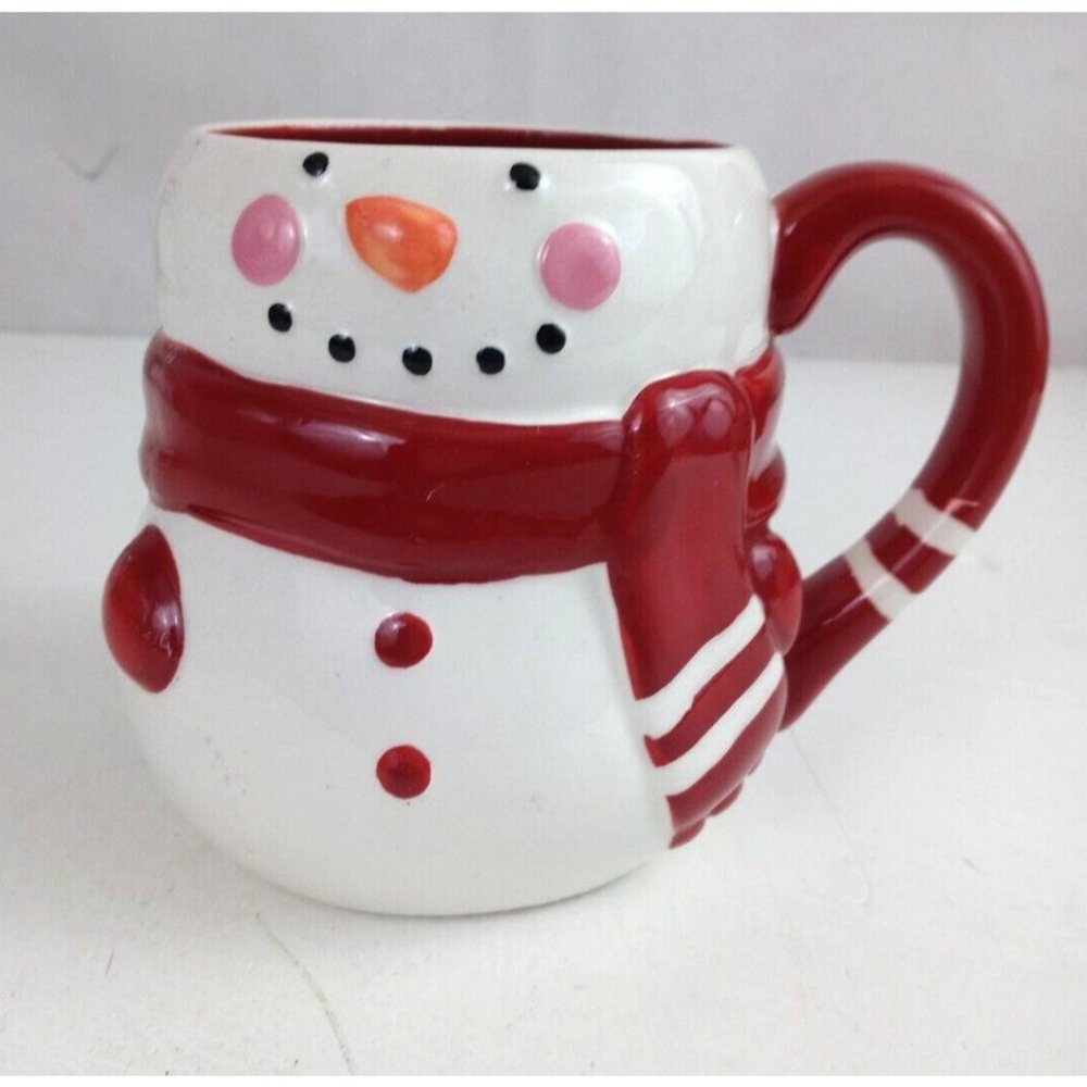 Earthenware Red & White Christmas Snowman Coffee Cup Mug 4.75" Tall